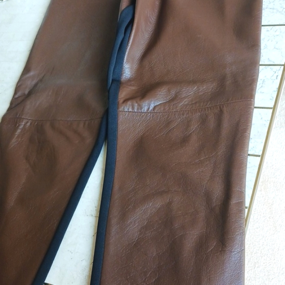 Womens Vintage leather pants,sz 4., brown front,,black poly rear . CACHE